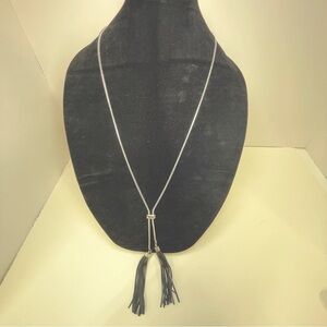 Long Silver Tone Lariat-Style Necklace with Black Tassels